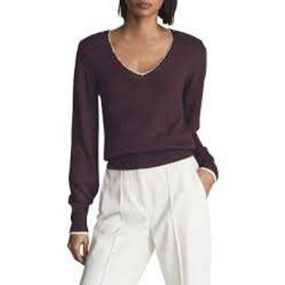 Reiss Talia V Neck Contrast Trim Sweater Burgundy XL Balloon Sleeve Textured